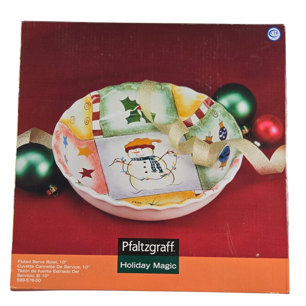 Vintage Pfaltzgraff Holiday Magic 10" Fluted Serve Bowl Snowman Christmas Box